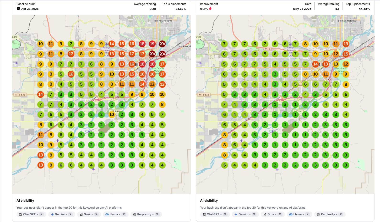 Google Maps heatmap comparison — before and after